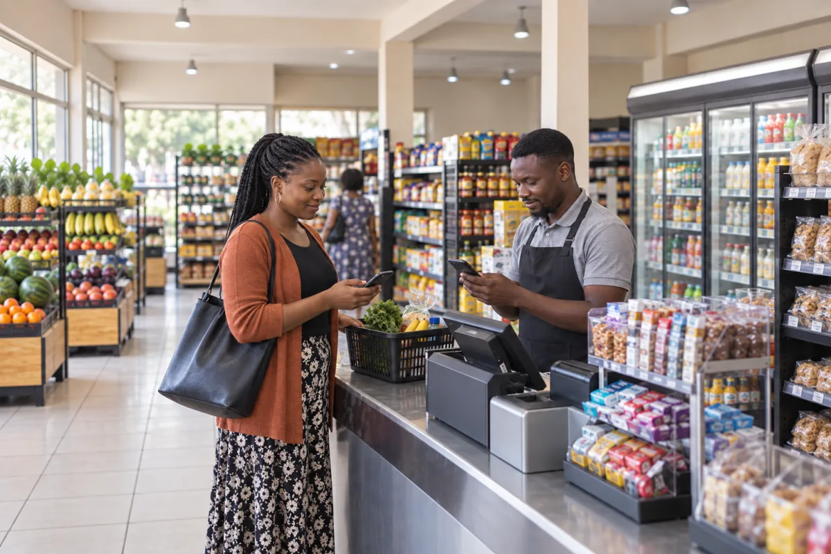 A customer and cashier using their phones to confirm a payment at a grocery checkout.